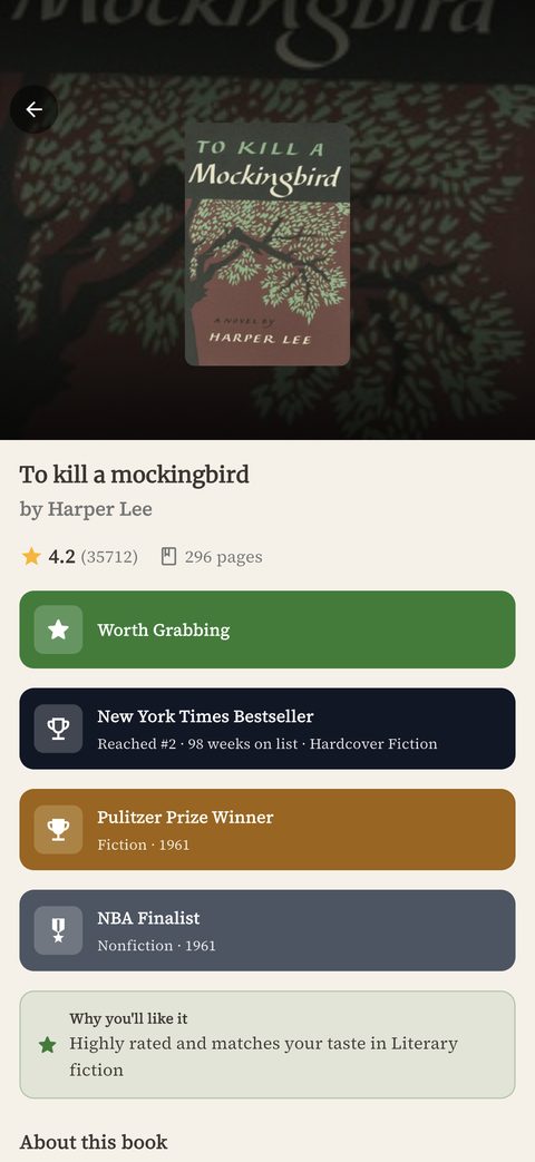 Book detail in Spines: To Kill a Mockingbird, rated 4.2, Worth Grabbing, Pulitzer Prize winner