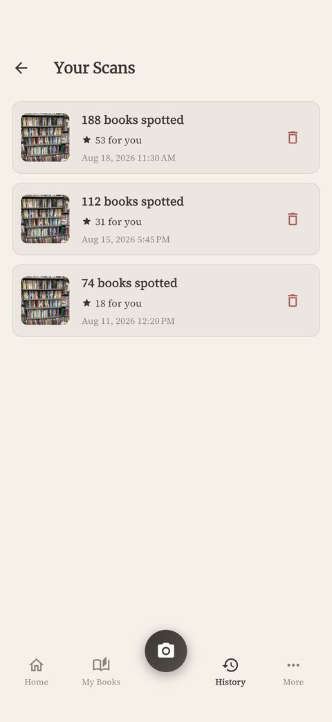 Your Scans: three past shelf scans with books spotted and For You counts