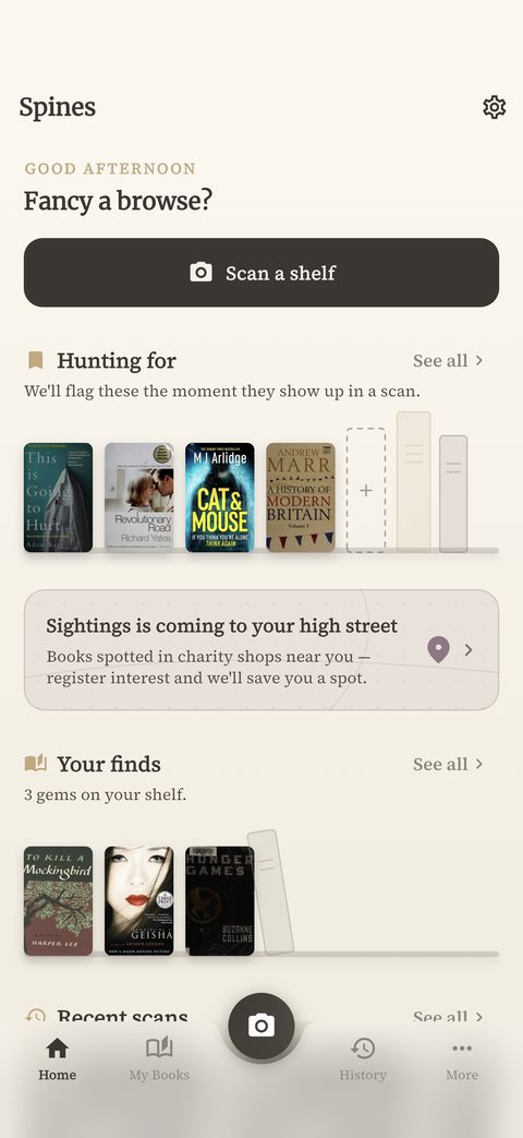 Spines home screen: Scan a shelf, Hunting for, Your finds