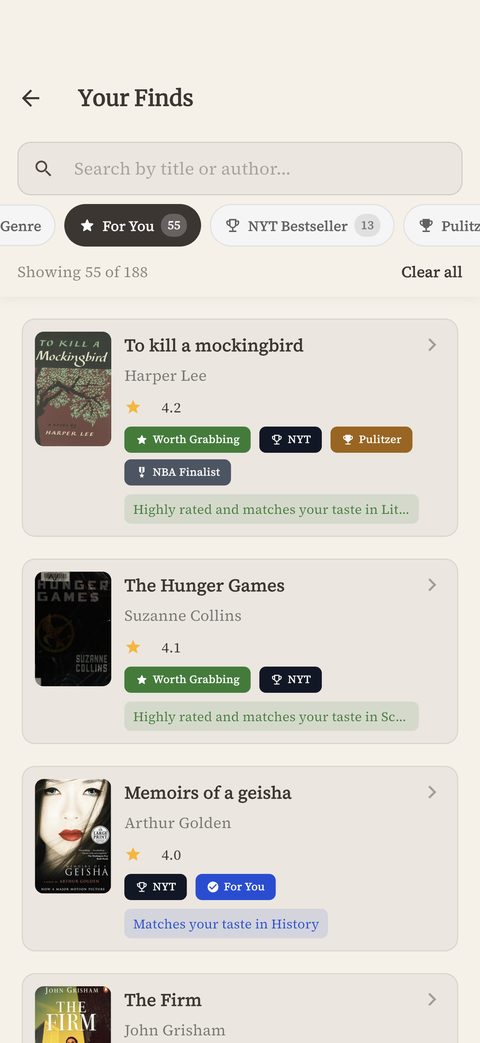 Results filtered to For You: 55 of 188 books match your taste