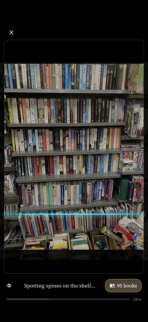 Spines scanning a shelf photo: 95 books spotted so far